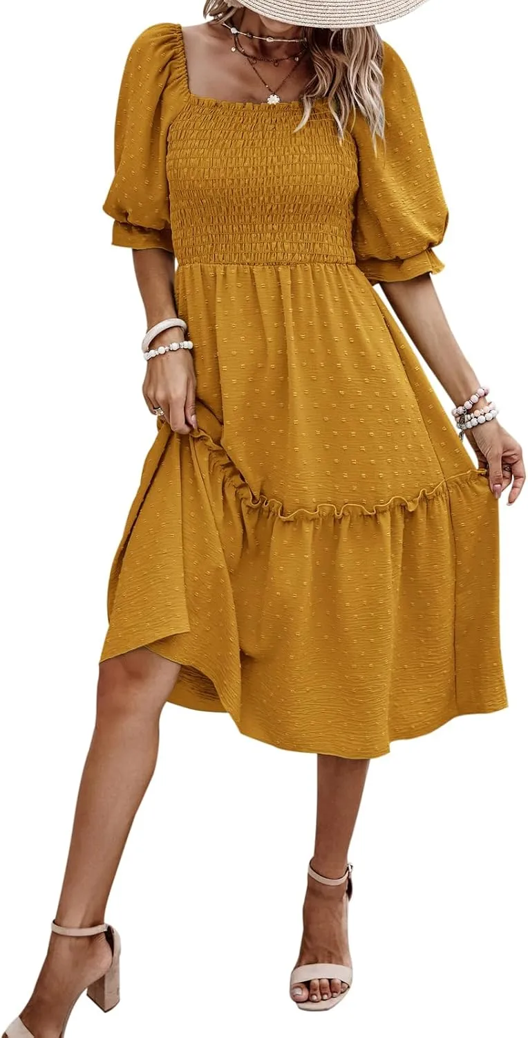 PRETTYGARDEN Women's Summer Casual Dresses 2025 Spring Puff Sleeve Square Neck A-line Flowy Boho Floral Smocked Midi Dress