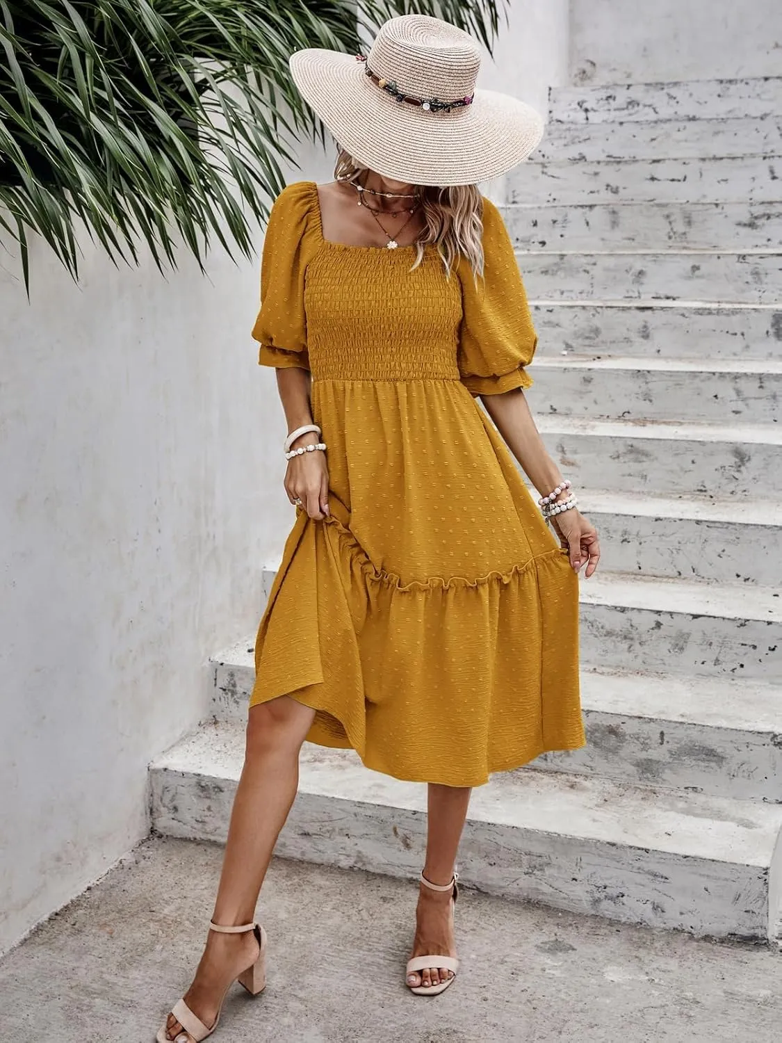 PRETTYGARDEN Women's Summer Casual Dresses 2025 Spring Puff Sleeve Square Neck A-line Flowy Boho Floral Smocked Midi Dress