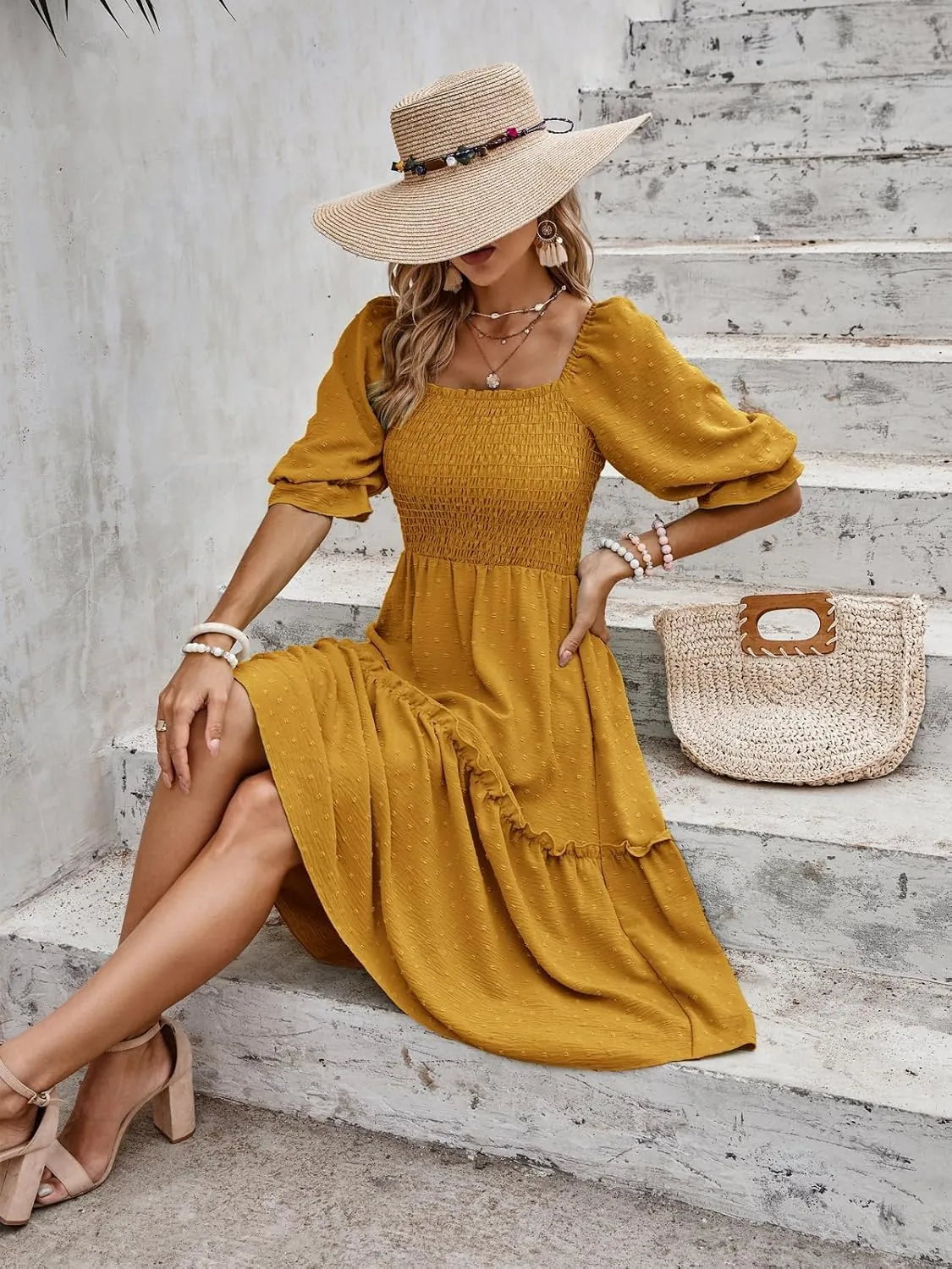 PRETTYGARDEN Women's Summer Casual Dresses 2025 Spring Puff Sleeve Square Neck A-line Flowy Boho Floral Smocked Midi Dress