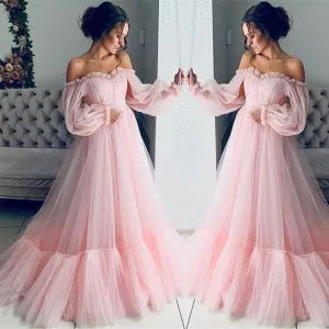 Puff Ball Gown Lace Wedding Dresses for Bride 2024 Off the Shoulder Long Sleeve A Line Princess Bridal Dress Pleated Flowy Wedding Maxi Dress