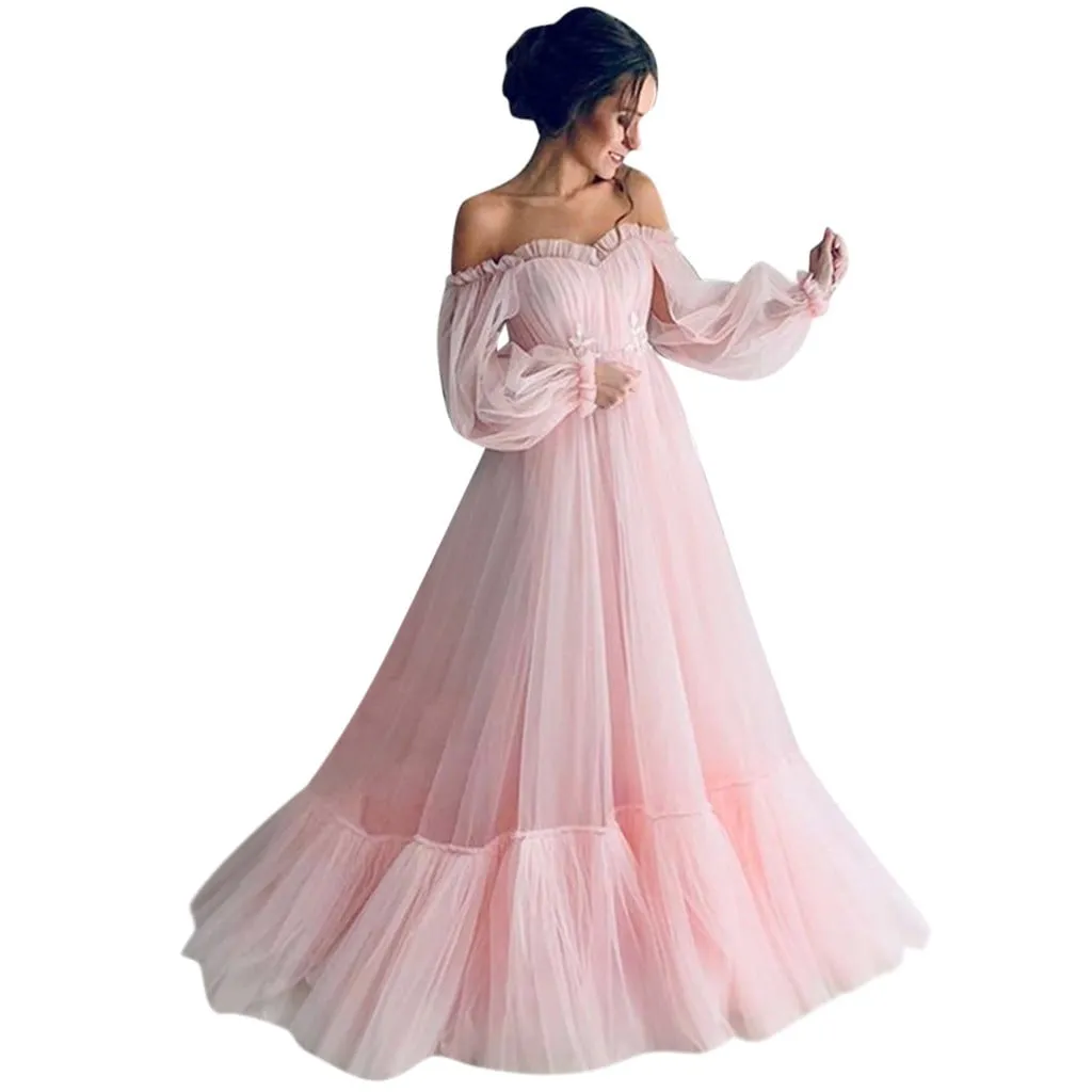 Puff Ball Gown Lace Wedding Dresses for Bride 2024 Off the Shoulder Long Sleeve A Line Princess Bridal Dress Pleated Flowy Wedding Maxi Dress
