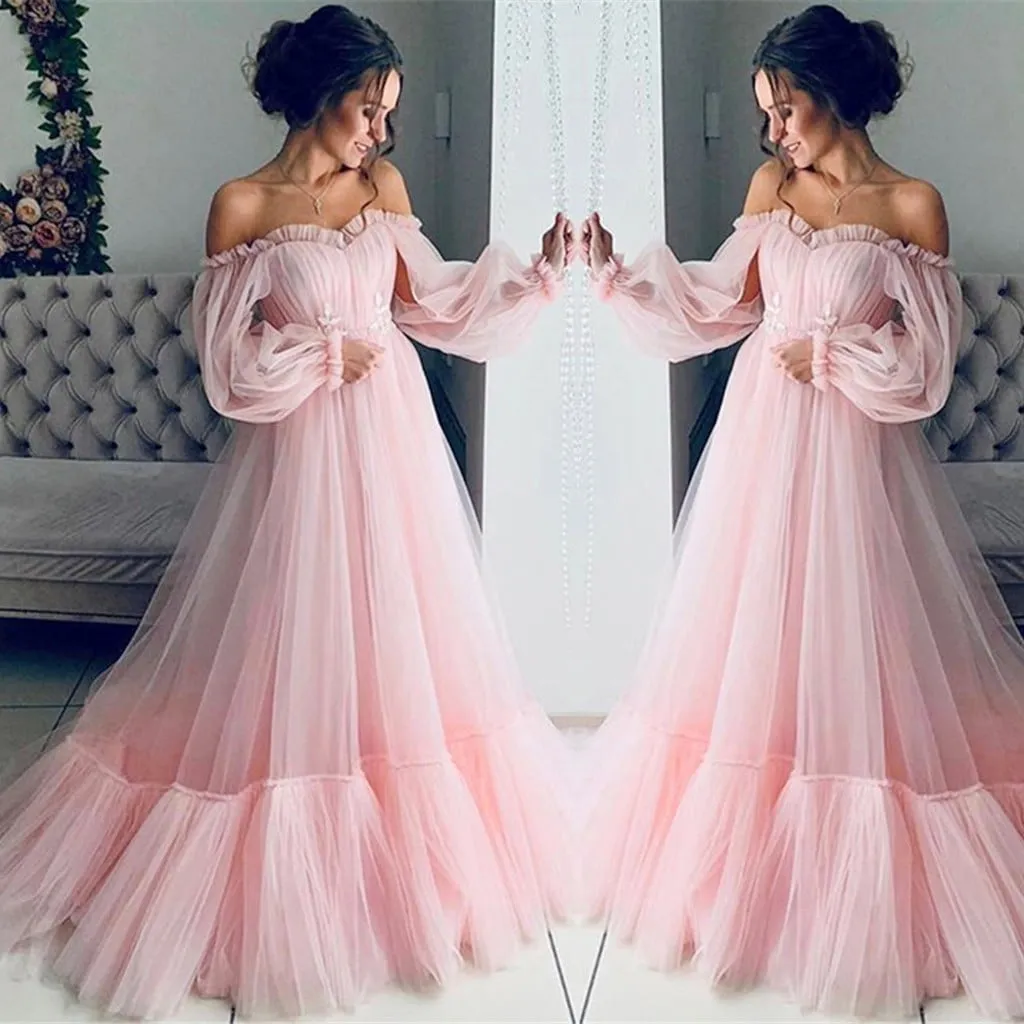 Puff Ball Gown Lace Wedding Dresses for Bride 2024 Off the Shoulder Long Sleeve A Line Princess Bridal Dress Pleated Flowy Wedding Maxi Dress