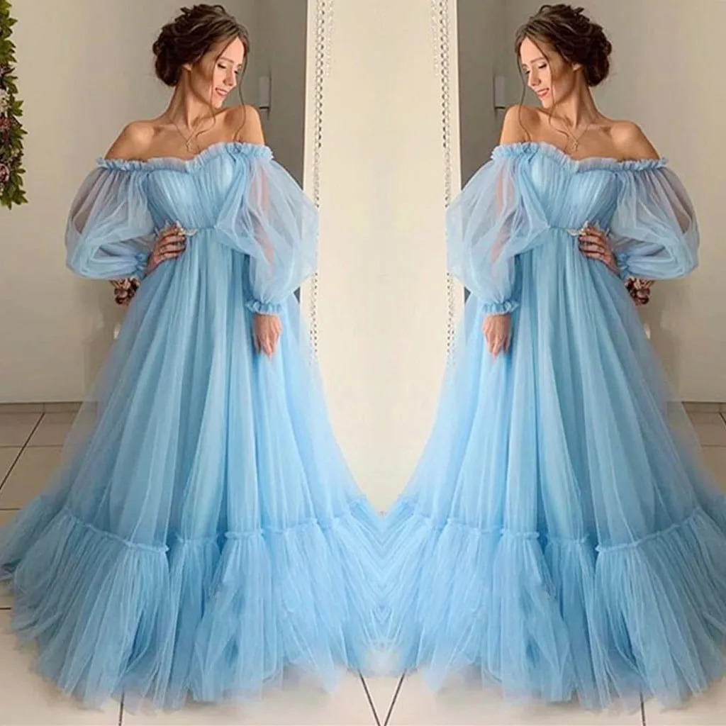 Puff Ball Gown Lace Wedding Dresses for Bride 2024 Off the Shoulder Long Sleeve A Line Princess Bridal Dress Pleated Flowy Wedding Maxi Dress