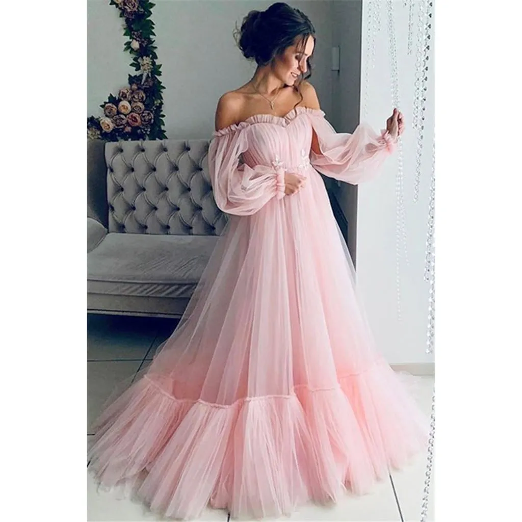 Puff Ball Gown Lace Wedding Dresses for Bride 2024 Off the Shoulder Long Sleeve A Line Princess Bridal Dress Pleated Flowy Wedding Maxi Dress