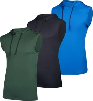 Real Essentials 3 Pack: Mens Dry-Fit Active Hooded Tank Top - Workout Sleeveless Hoodie Drawstring (Available in Big & Tall)