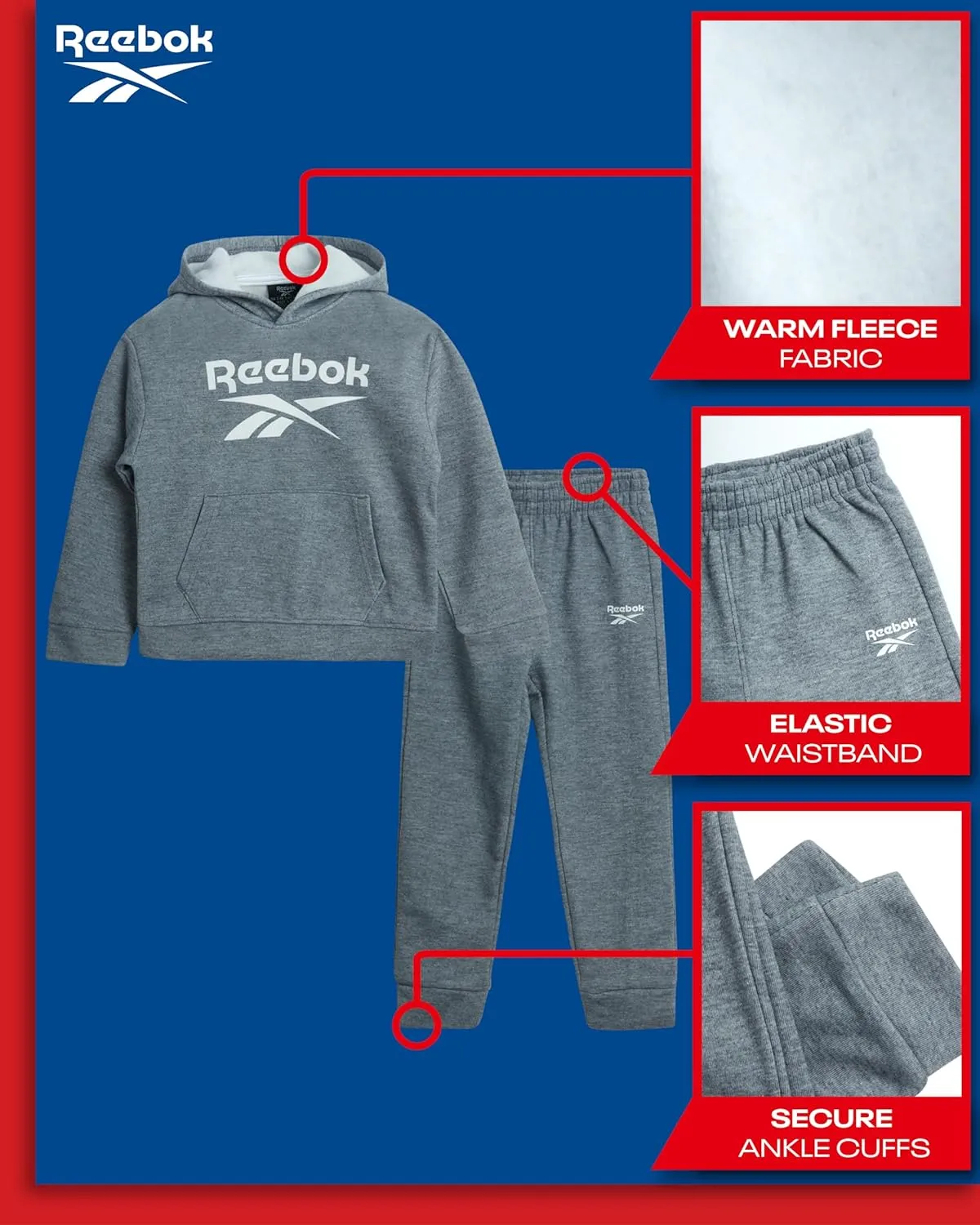 Reebok Baby Boys' Sweatsuit Set - 2 Piece Playwear Fleece Hoodie and Jogger Pants (12M-7)