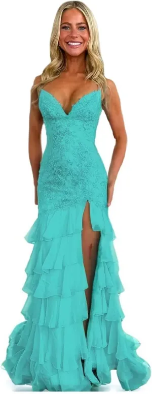 Ruffles Prom Dresses for Women 2025 Sprakly Lace Tiered Chiffon Long Prom Evening Dress with Slit