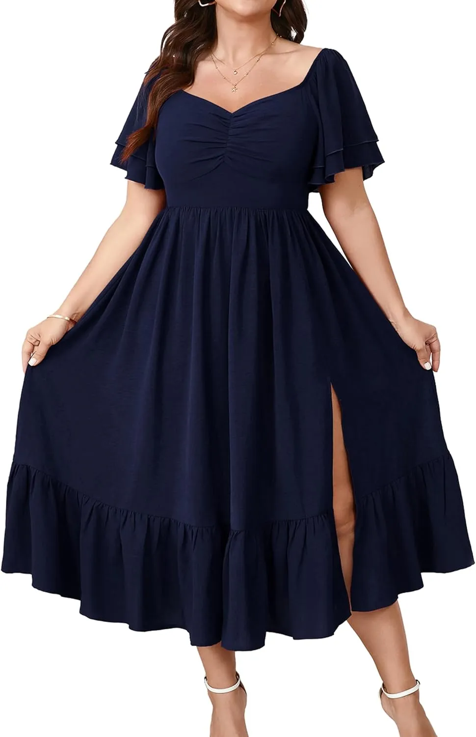 SCOMCHIC Womens Plus Size Wedding Guest Cocktail Dresses Sweetheart Neckline Short Sleeve Smocked Ruffle Slit Maxi Dress