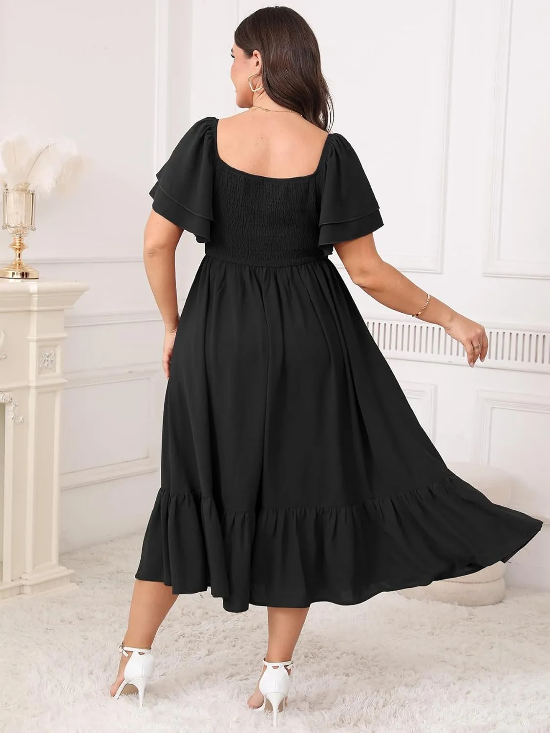 SCOMCHIC Womens Plus Size Wedding Guest Cocktail Dresses Sweetheart Neckline Short Sleeve Smocked Ruffle Slit Maxi Dress