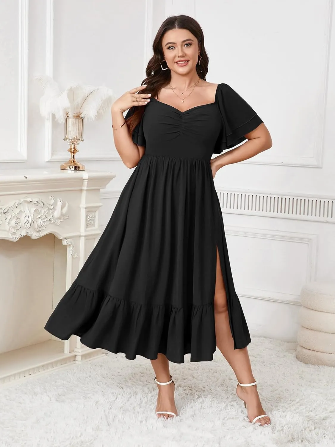 SCOMCHIC Womens Plus Size Wedding Guest Cocktail Dresses Sweetheart Neckline Short Sleeve Smocked Ruffle Slit Maxi Dress