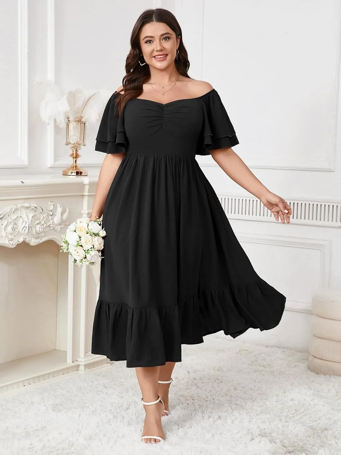 SCOMCHIC Womens Plus Size Wedding Guest Cocktail Dresses Sweetheart Neckline Short Sleeve Smocked Ruffle Slit Maxi Dress