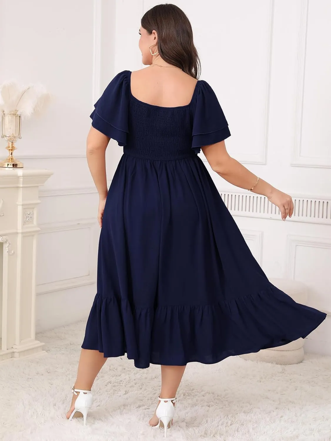 SCOMCHIC Womens Plus Size Wedding Guest Cocktail Dresses Sweetheart Neckline Short Sleeve Smocked Ruffle Slit Maxi Dress