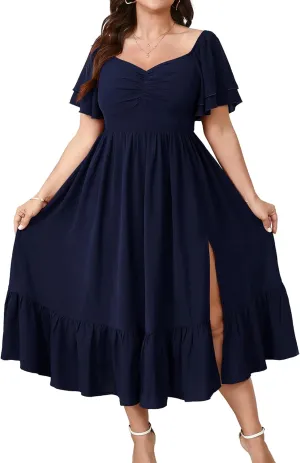 SCOMCHIC Womens Plus Size Wedding Guest Cocktail Dresses Sweetheart Neckline Short Sleeve Smocked Ruffle Slit Maxi Dress