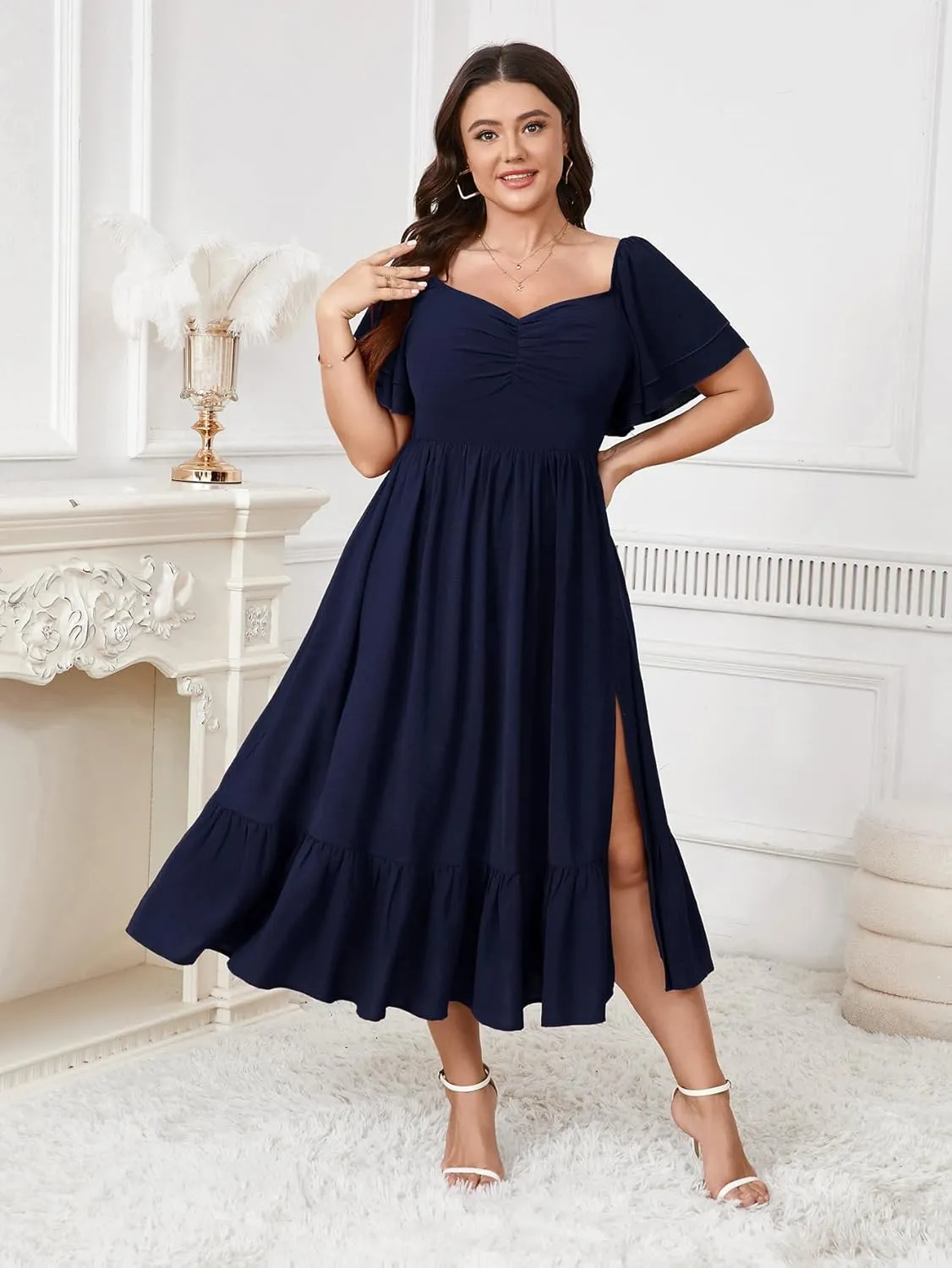 SCOMCHIC Womens Plus Size Wedding Guest Cocktail Dresses Sweetheart Neckline Short Sleeve Smocked Ruffle Slit Maxi Dress