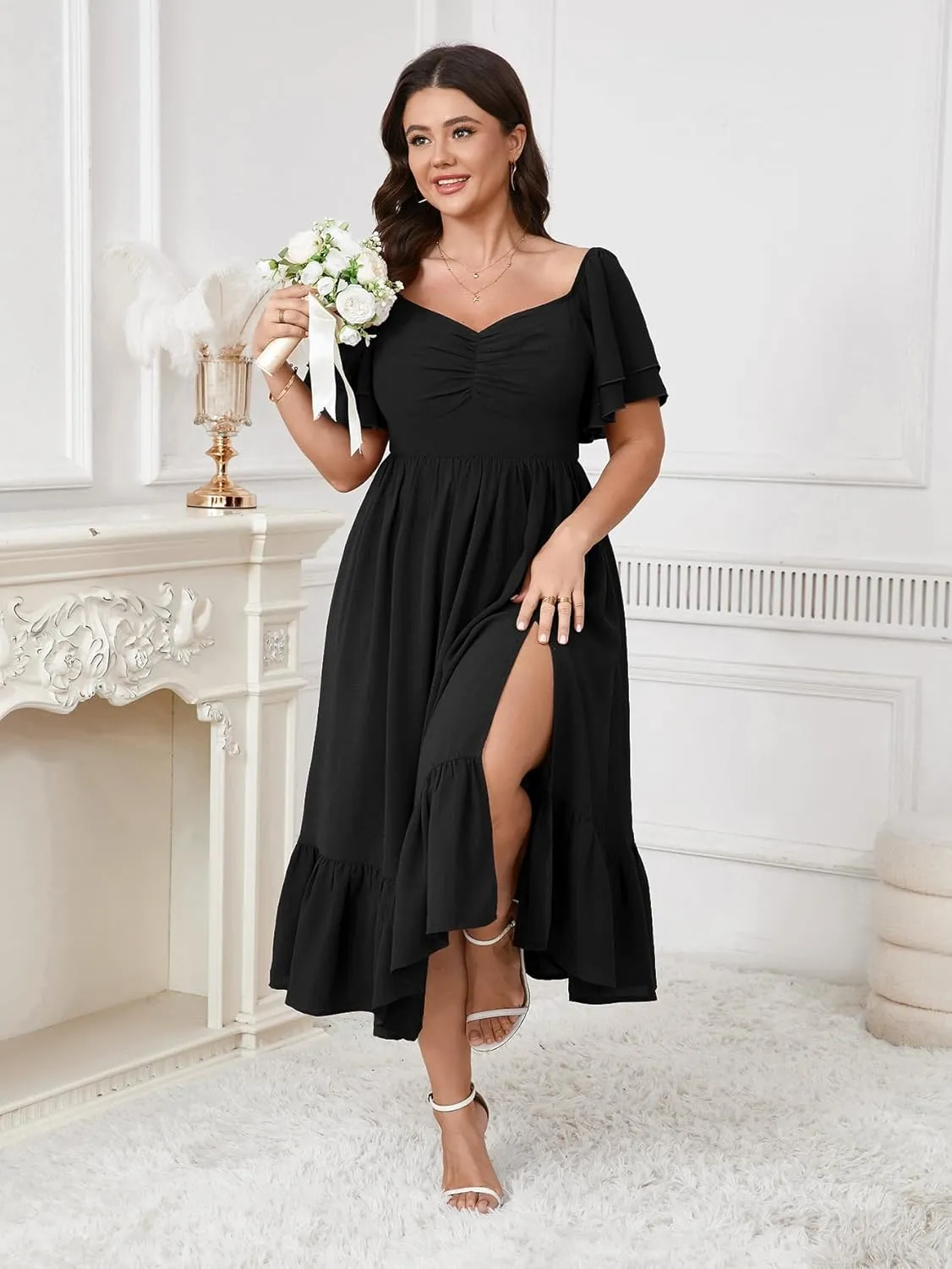 SCOMCHIC Womens Plus Size Wedding Guest Cocktail Dresses Sweetheart Neckline Short Sleeve Smocked Ruffle Slit Maxi Dress