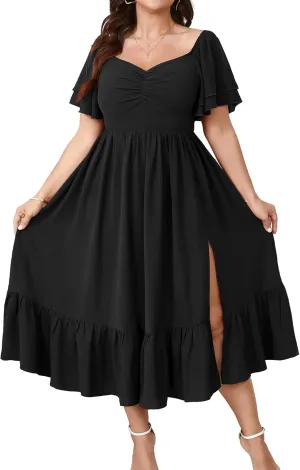 SCOMCHIC Womens Plus Size Wedding Guest Cocktail Dresses Sweetheart Neckline Short Sleeve Smocked Ruffle Slit Maxi Dress