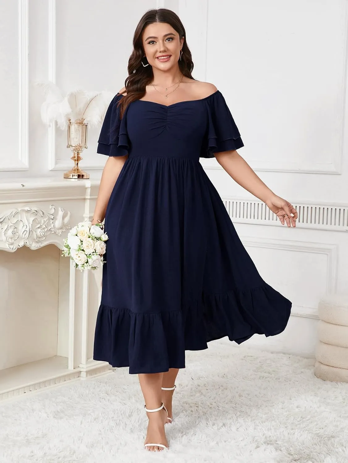 SCOMCHIC Womens Plus Size Wedding Guest Cocktail Dresses Sweetheart Neckline Short Sleeve Smocked Ruffle Slit Maxi Dress