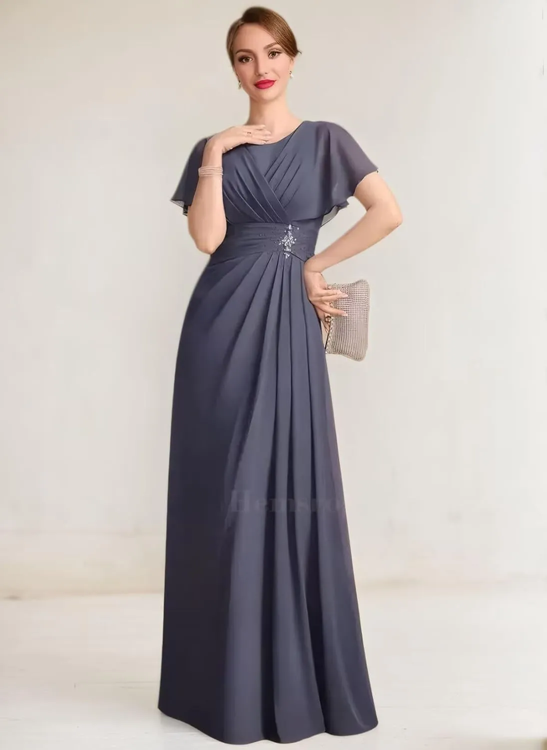 Scoop Neck Mother of The Bride Dresses for Wedding Long Pleated Chiffon Beaded Ruffle Sleeve Formal Dresses for Women