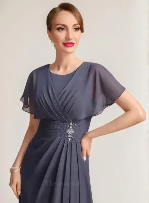 Scoop Neck Mother of The Bride Dresses for Wedding Long Pleated Chiffon Beaded Ruffle Sleeve Formal Dresses for Women