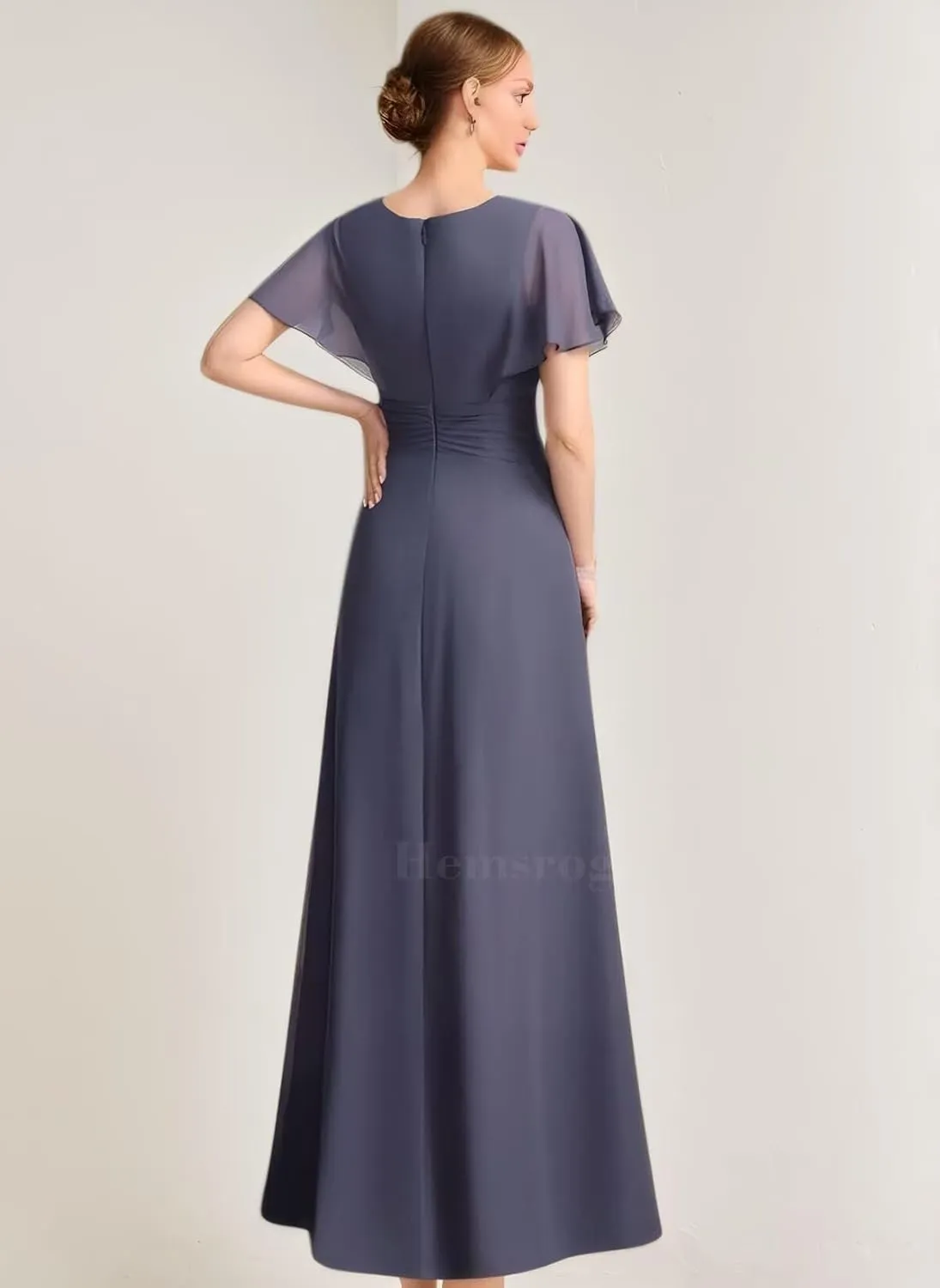 Scoop Neck Mother of The Bride Dresses for Wedding Long Pleated Chiffon Beaded Ruffle Sleeve Formal Dresses for Women