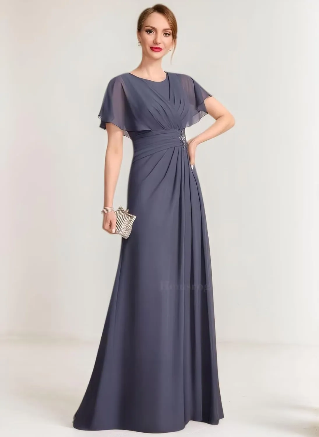 Scoop Neck Mother of The Bride Dresses for Wedding Long Pleated Chiffon Beaded Ruffle Sleeve Formal Dresses for Women