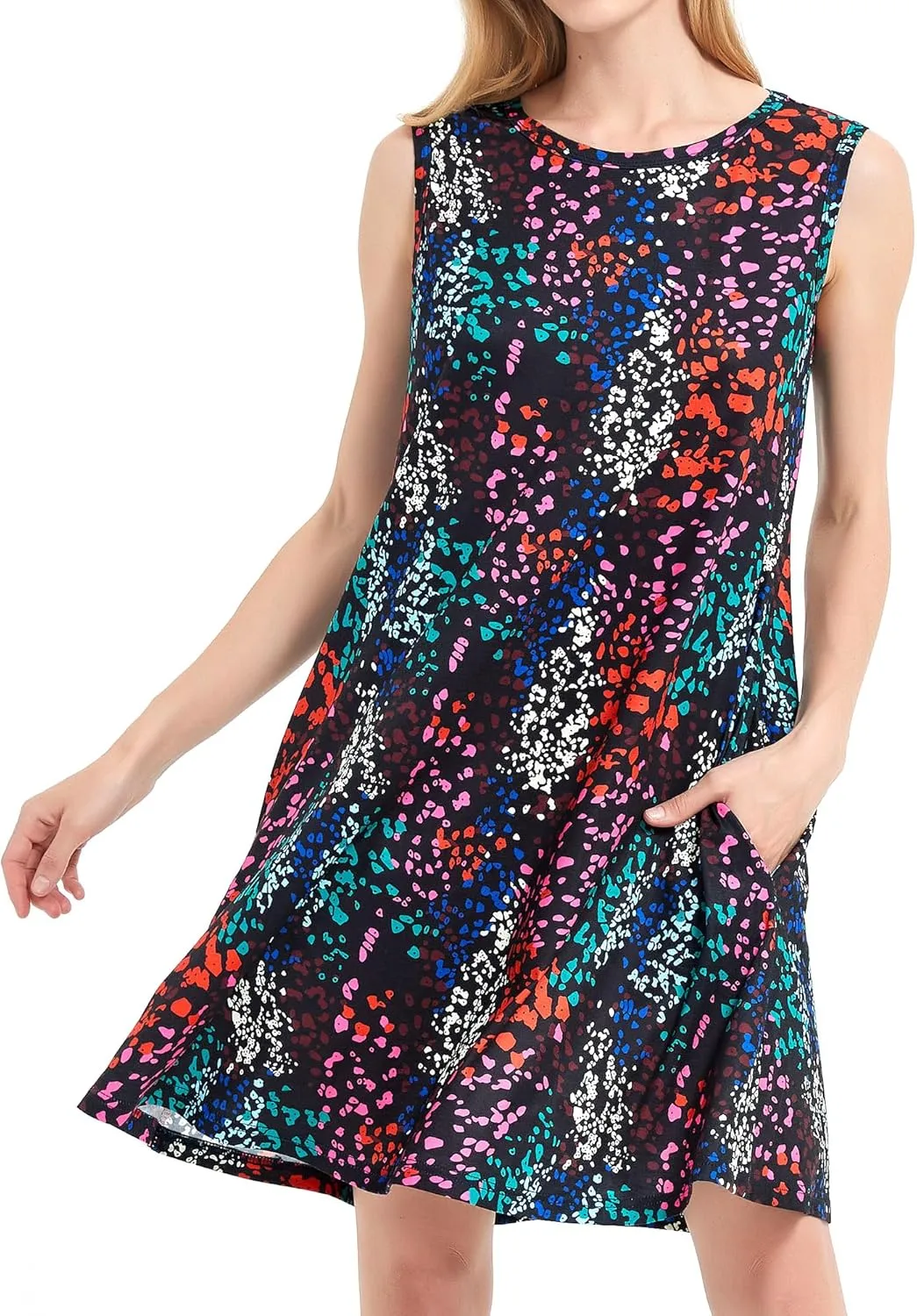 Scotamalone Summer Dresses for Women 2023 Beach Floral Tshirt Sundress Sleeveless Pockets Casual Loose Tank Dress