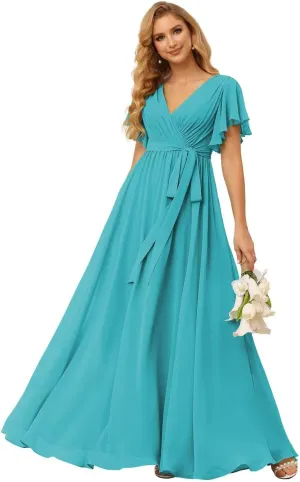 SEIM Women's Flutter Sleeve Bridesmaid Dresses Long V Neck Chiffon Formal Dresses with Pockets SE101