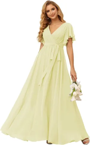 SEIM Women's Flutter Sleeve Bridesmaid Dresses Long V Neck Chiffon Formal Dresses with Pockets SE101