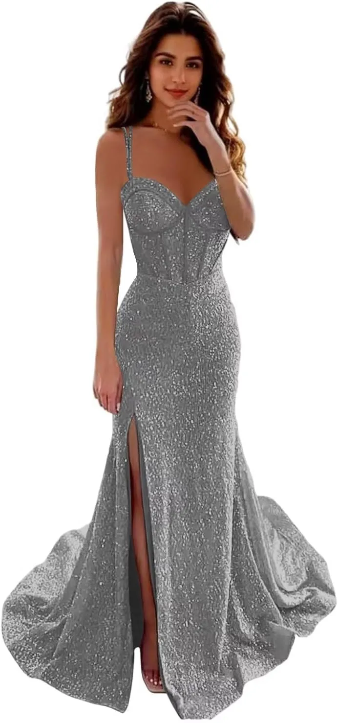 Sequin Mermaid Prom Dresses with Slit Spaghetti Straps Corset Ball Gowns Maxi Long Formal Evening Dresses AU111