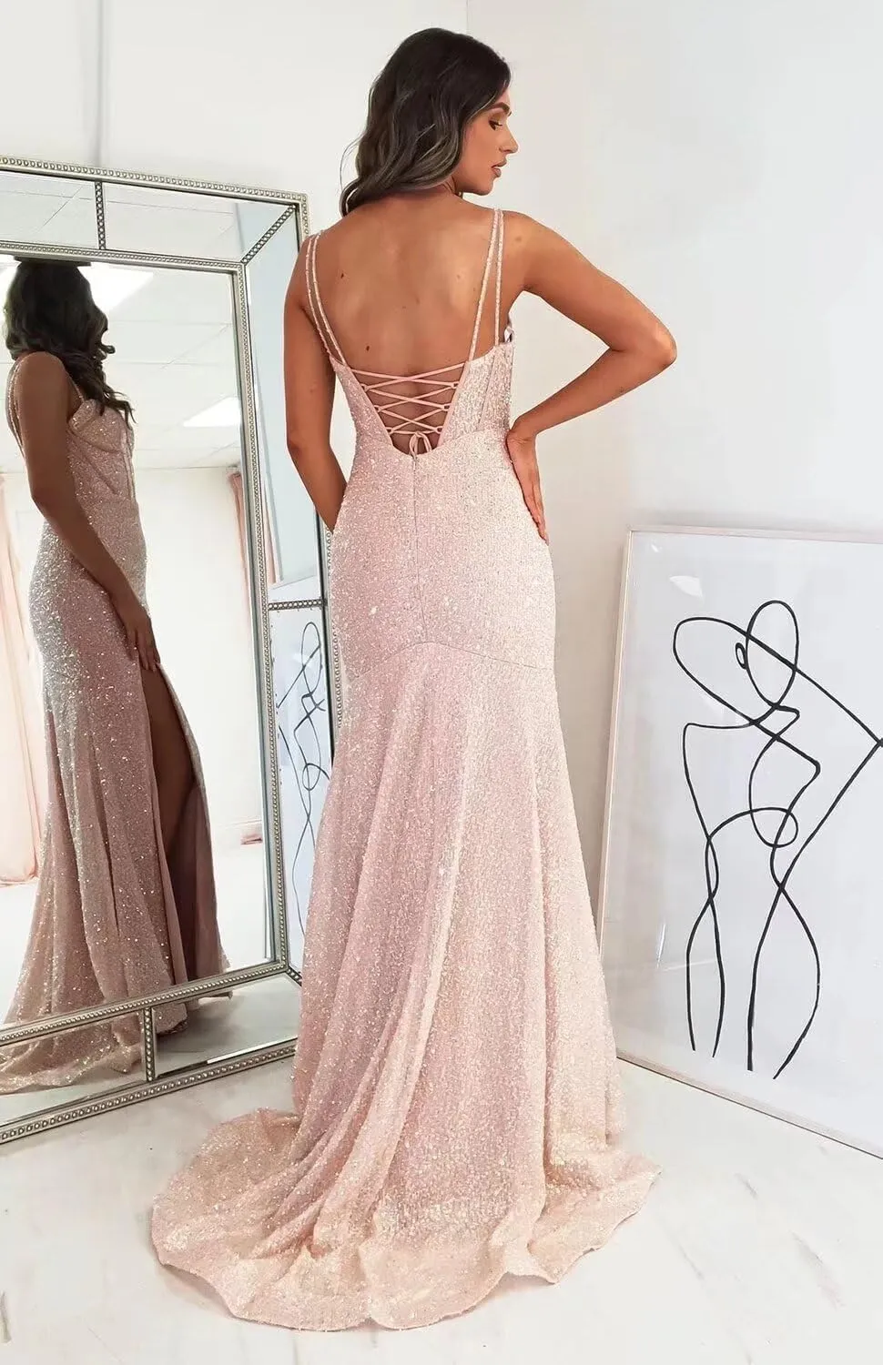 Sequin Mermaid Prom Dresses with Slit Spaghetti Straps Corset Ball Gowns Maxi Long Formal Evening Dresses AU111
