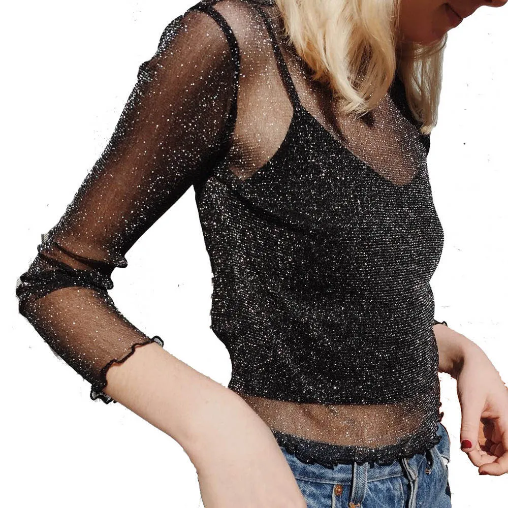 Sexy Mesh T-Shirt Women Long Sleeved Europe Matching Trendy All-Matching Tops T-Shirt