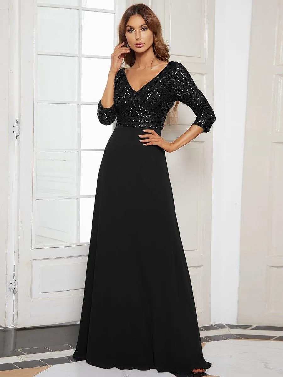 Sexy V Neck Sequin Evening Dresses with 3/4 Sleeve
