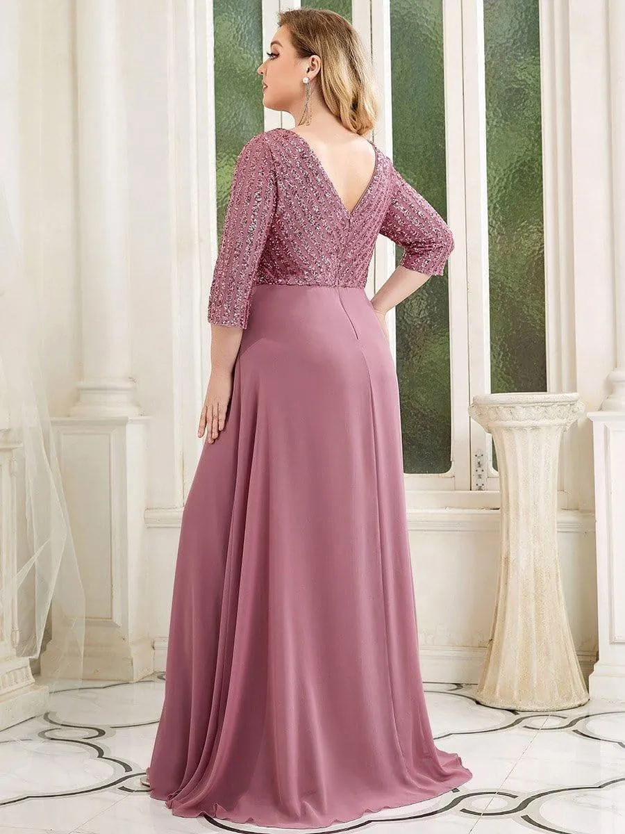 Sexy V Neck Sequin Evening Dresses with 3/4 Sleeve