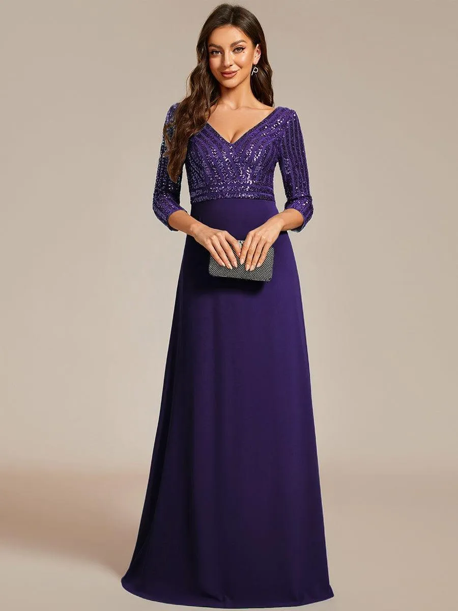 Sexy V Neck Sequin Evening Dresses with 3/4 Sleeve