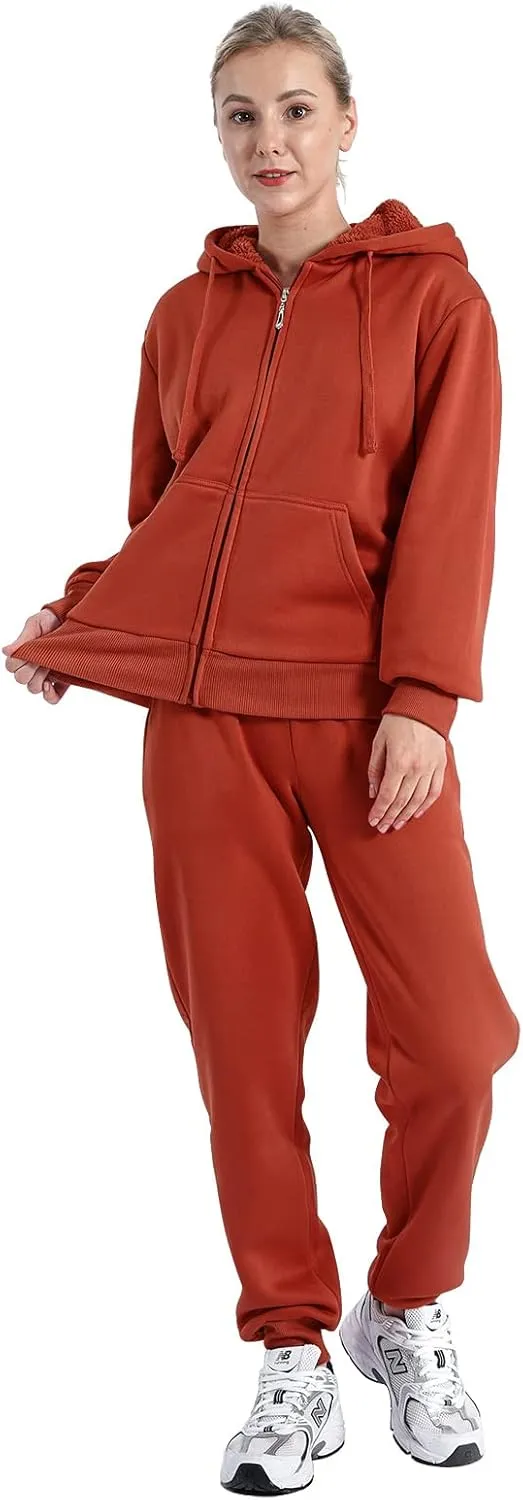 Sherpa Zipper Womens Sweatsuits Active Jogging Fleece 2 Pieces Hoodie and Pants Winter Outfit Sets