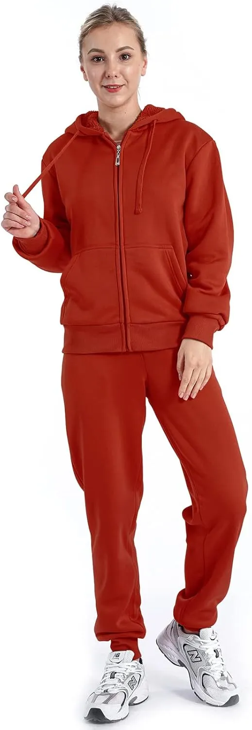 Sherpa Zipper Womens Sweatsuits Active Jogging Fleece 2 Pieces Hoodie and Pants Winter Outfit Sets