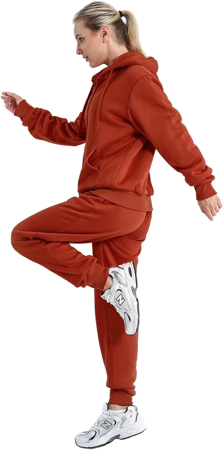 Sherpa Zipper Womens Sweatsuits Active Jogging Fleece 2 Pieces Hoodie and Pants Winter Outfit Sets