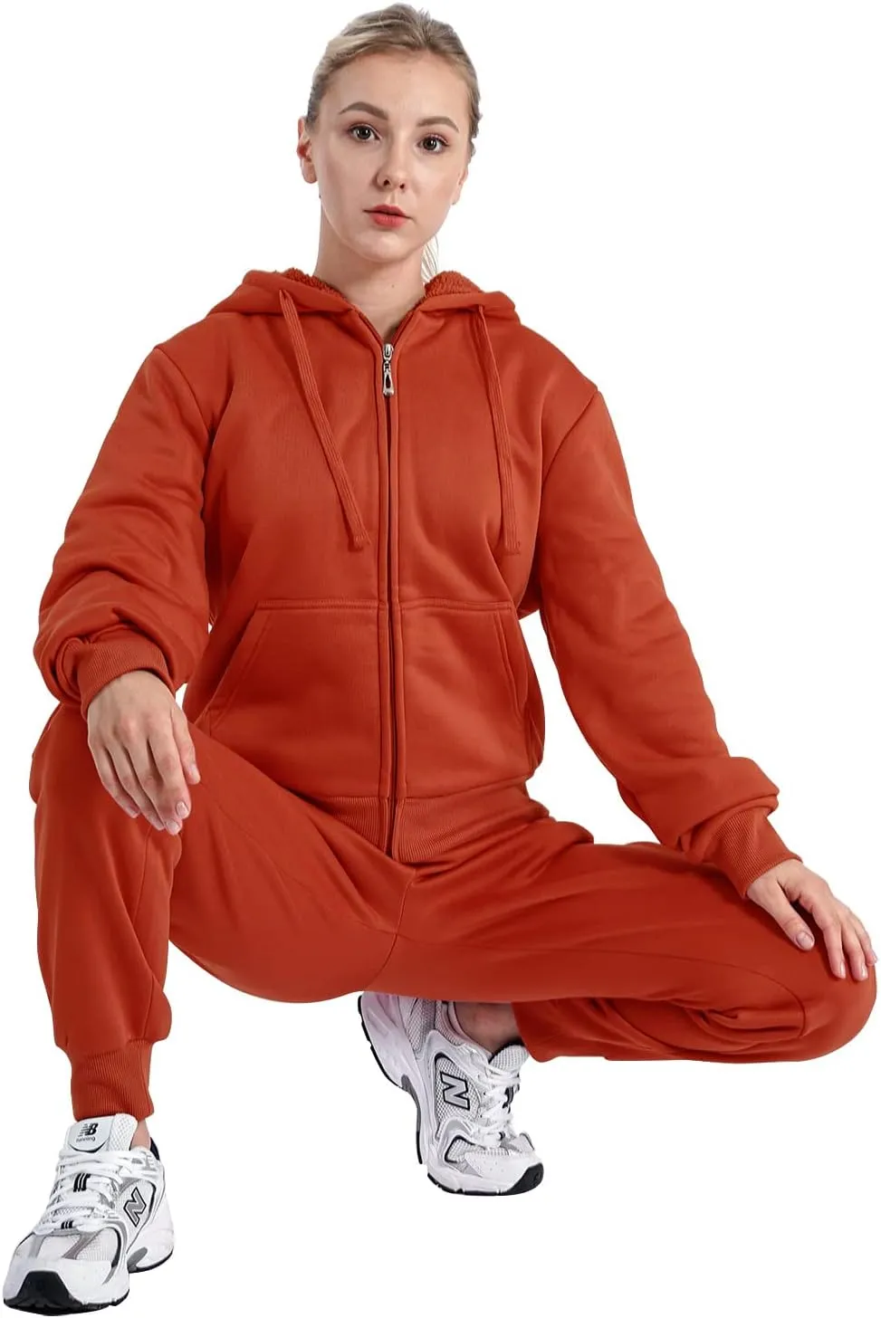 Sherpa Zipper Womens Sweatsuits Active Jogging Fleece 2 Pieces Hoodie and Pants Winter Outfit Sets