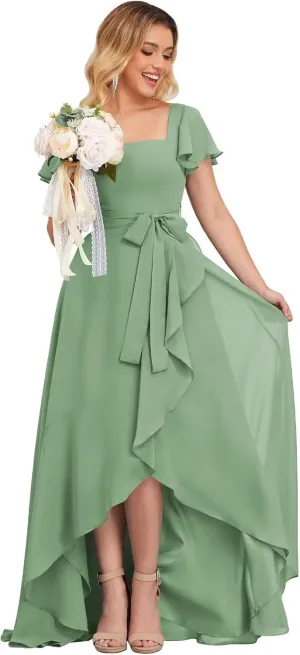 Short Sleeve Bridesmaid Dresses for Women Square Neck Chiffon Ruffle High Low Formal Dress