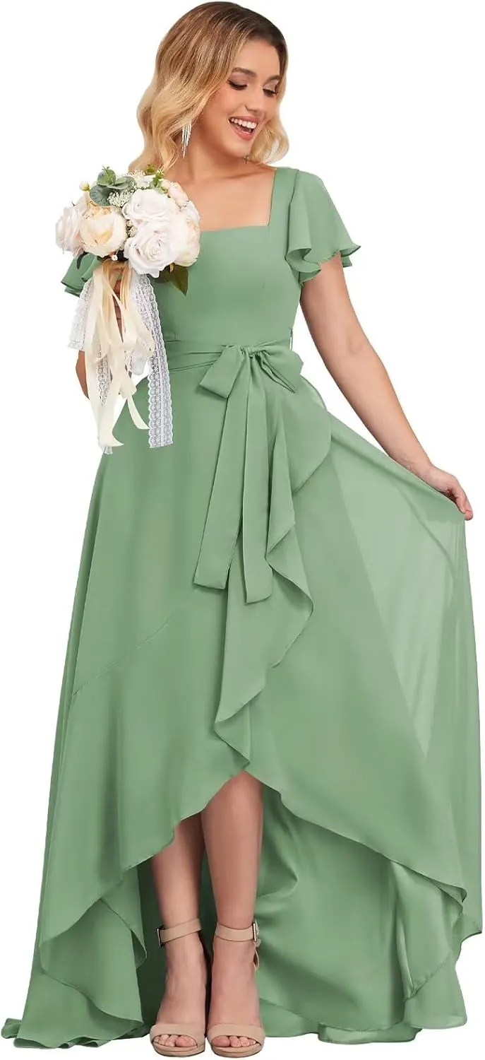 Short Sleeve Bridesmaid Dresses for Women Square Neck Chiffon Ruffle High Low Formal Dress