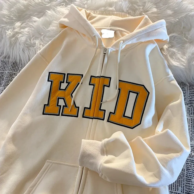 Simple Letter Casual Female Sweatshirts Zip-up Loose O-neck Fashion Women's Hoodies Winter Basic Office Ladies Streetwear