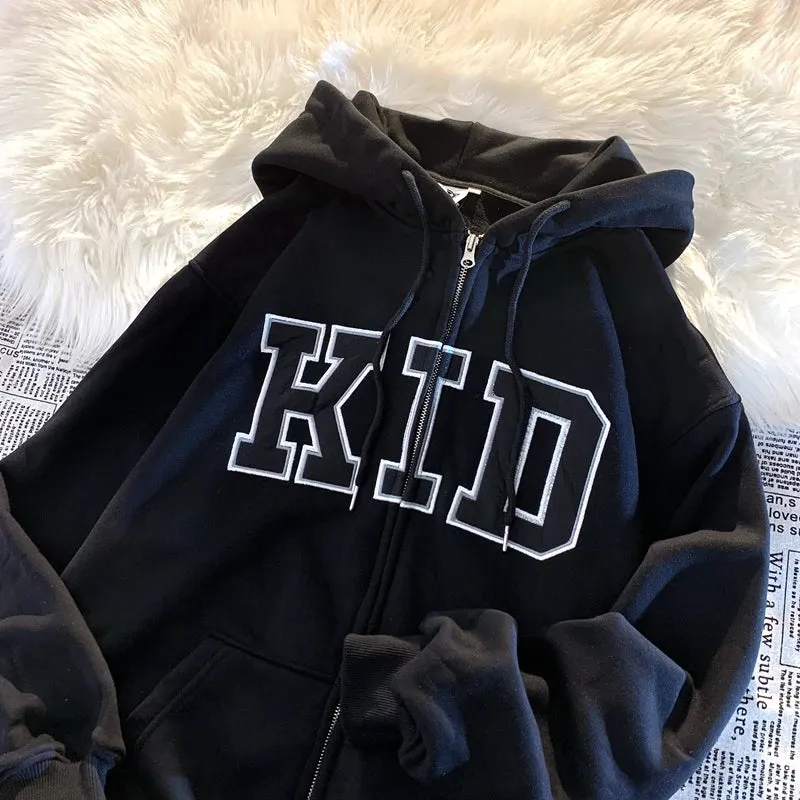 Simple Letter Casual Female Sweatshirts Zip-up Loose O-neck Fashion Women's Hoodies Winter Basic Office Ladies Streetwear