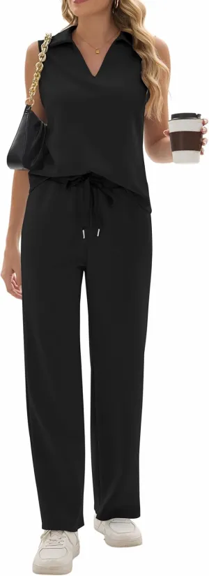 Sixstar Women 2 Piece Outfits Lounge Sets Casual Sleeveless Summer V-Neck Dressy Collared Tracksuit Lounge