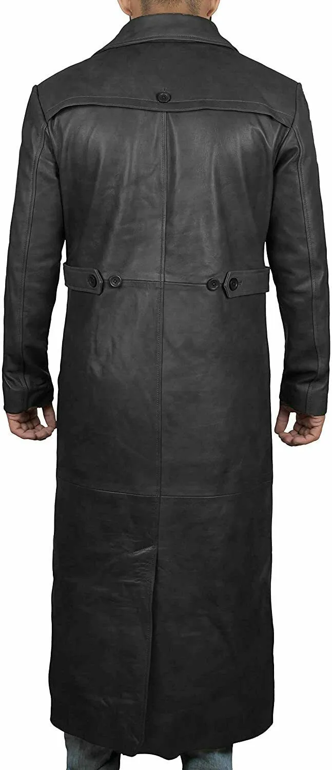 Spine Spark Men's Black Leather Overcoat Trench Long Coat