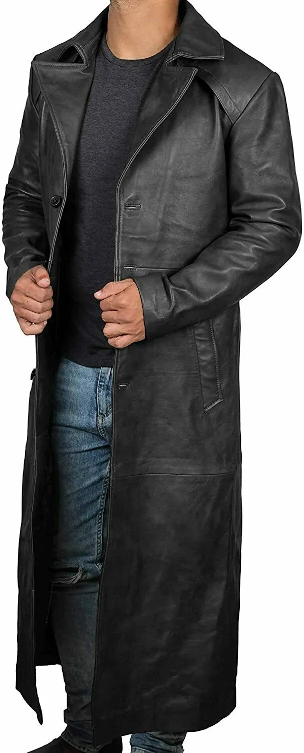 Spine Spark Men's Black Leather Overcoat Trench Long Coat