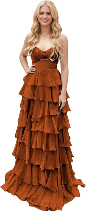 Strapless Tiered Chiffon Prom Dress for Women 3D Flower Keyhole Long Formal Evening Dresses with Slit