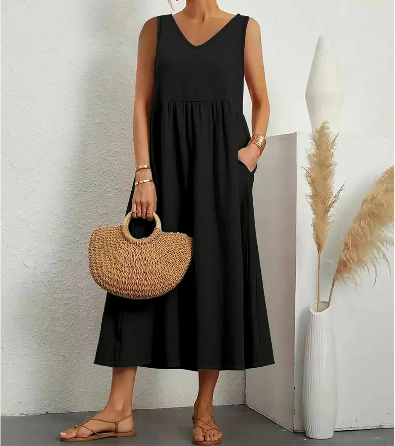 Summer Dresses for Women 2024 Cotton Linen Beach Maxi Dress Casual Sundresses Long Flowy T Shirt Dress with Pockets