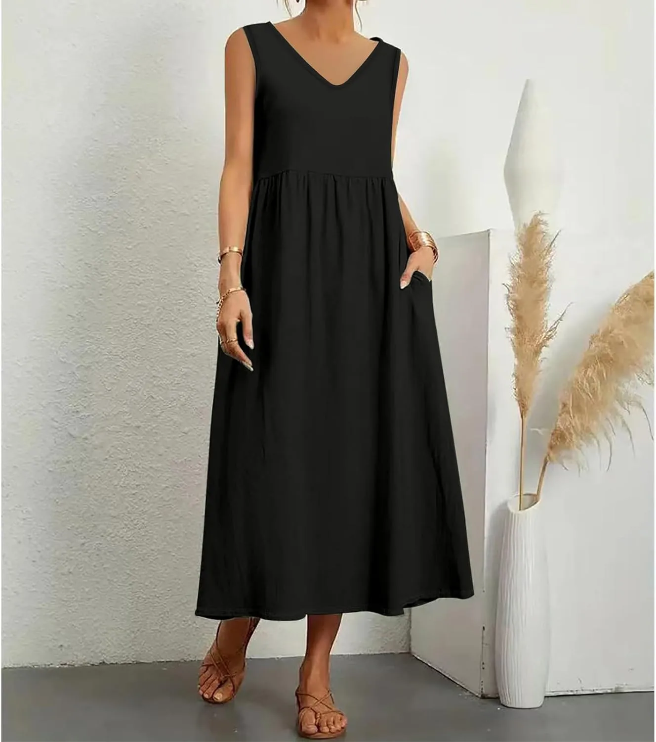 Summer Dresses for Women 2024 Cotton Linen Beach Maxi Dress Casual Sundresses Long Flowy T Shirt Dress with Pockets