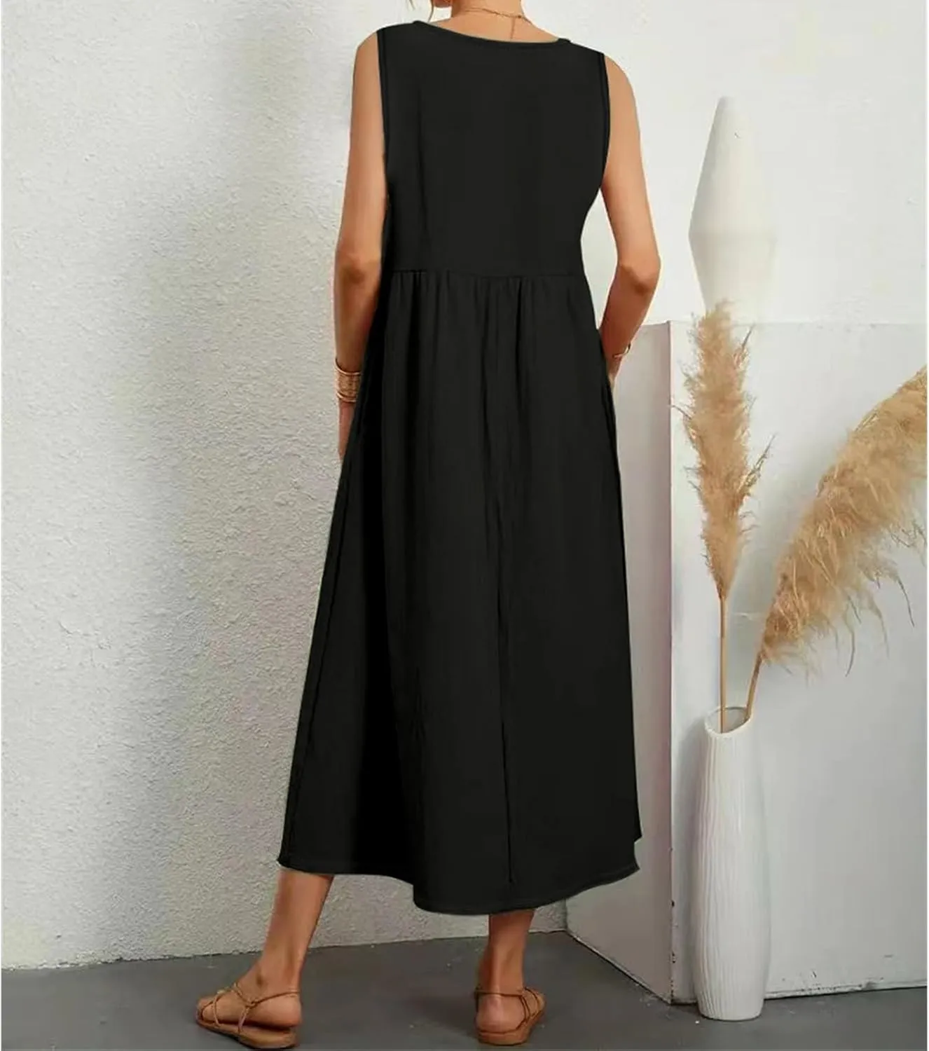 Summer Dresses for Women 2024 Cotton Linen Beach Maxi Dress Casual Sundresses Long Flowy T Shirt Dress with Pockets
