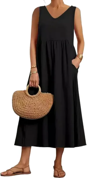 Summer Dresses for Women 2024 Cotton Linen Beach Maxi Dress Casual Sundresses Long Flowy T Shirt Dress with Pockets